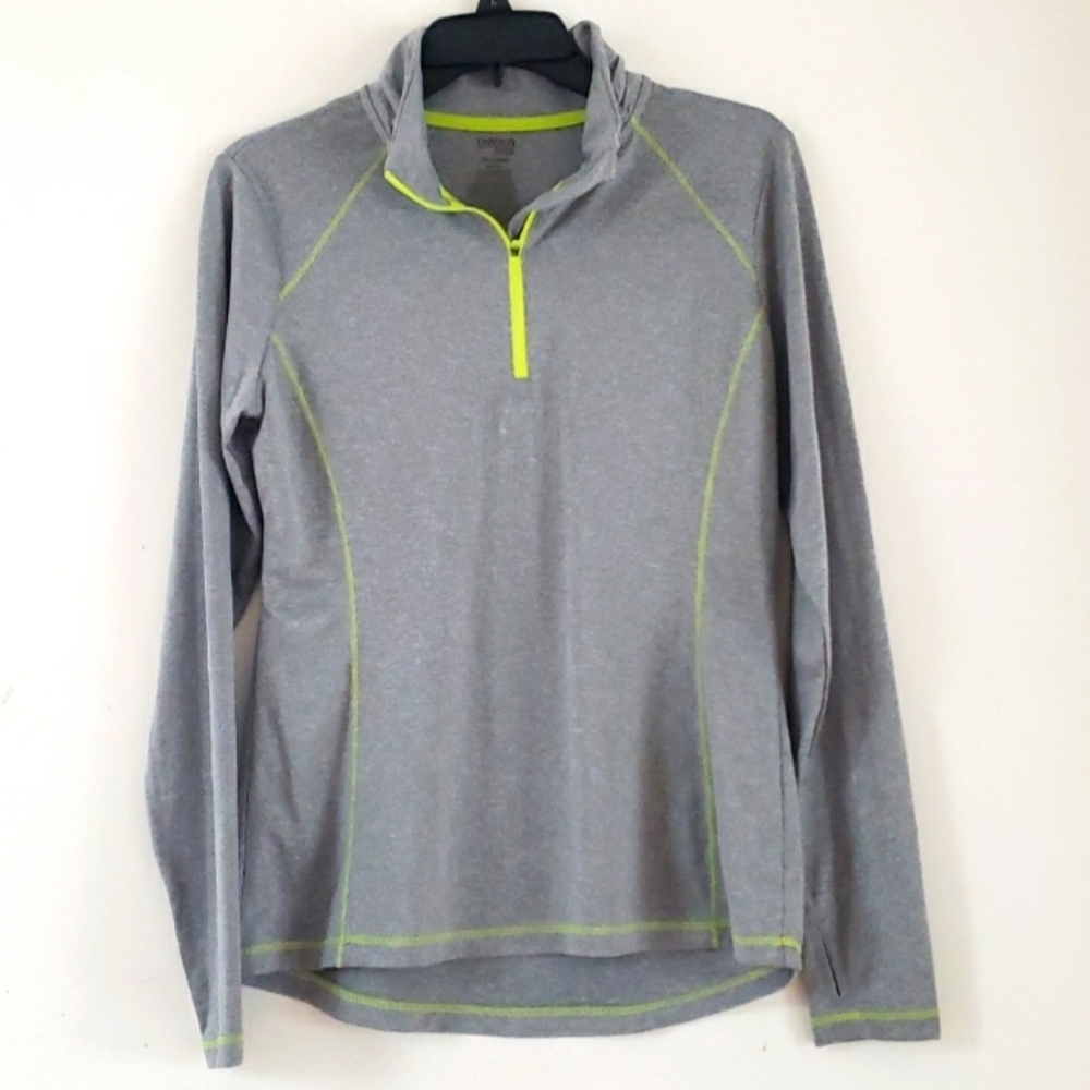 Danskin Now Womens Performance Top GRAY Lime Green Trim SEMI FITTED Sz M 8-10